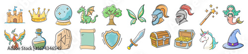 Fantasy and magic doodle icons collection - Hand-drawn doodle icons representing fantasy and magic themes including dragons, knights, wizards, potions, treasure, castles, unicorns, 
