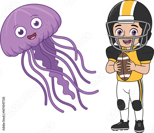 Cartoon jellyfish and football player, sea creature with happy face, athlete in helmet and uniform, playful contrast, vector illustration, animated, stylized, isolated, expressive,