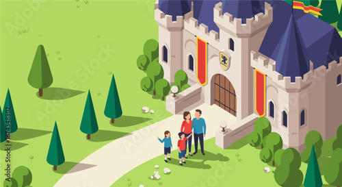 A vibrant flat design illustration showing a family enjoying a day out, exploring the historical grounds of a European medieval castle, celebrating cultural heritage. 