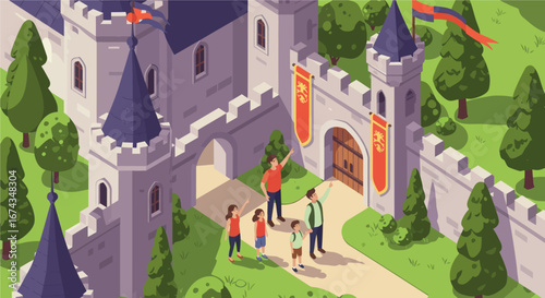A vibrant flat design illustration showing a family enjoying a day out, exploring the historical grounds of a European medieval castle, celebrating cultural heritage. 