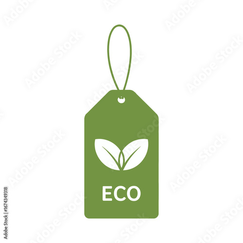 Eco-friendly green tag with leaves, symbolizing sustainable product labeling, environmental certification, and natural materials.