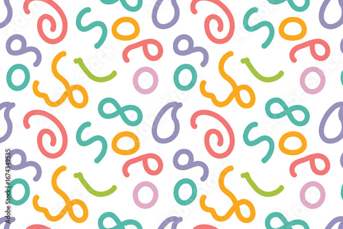 Seamless colorful abstract doodle pattern with playful swirls, squiggles, and circles on a white background, ideal for kids' designs and fun textiles.