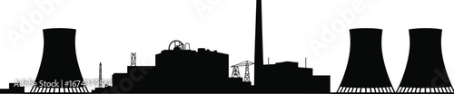 Nuclear power plant silhouette illustration, industrial energy production facility, cooling towers and chimneys, renewable electricity generation concept, black white vector design