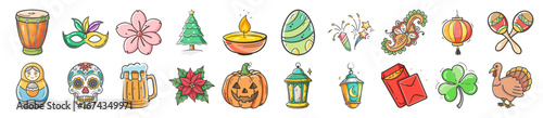 Holiday and festival doodle icons collection - Hand-drawn doodle icons representing holidays and festivals around the world including Christmas, Halloween, Easter, Diwali, Oktoberfest, and cultural