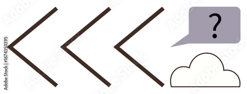 Three backward arrows pointing to a cloud with a question mark in a speech bubble. Ideal for decision-making, reflection, uncertainty, reevaluation, brainstorming, exploring, navigation. Simple flat