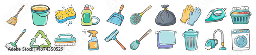 House cleaning doodle icons collection - Hand-drawn doodle icons representing house cleaning and chores including mops, buckets, detergents, sponges, trash bags, vacuum, laundry, and recycling.