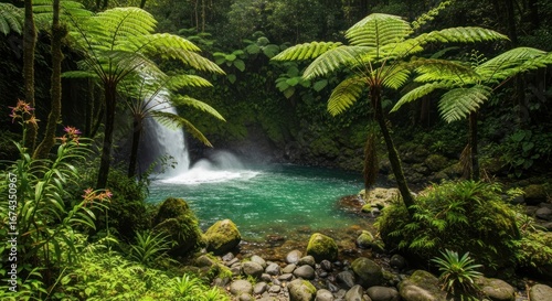 Lush Tropical Rainforest Waterfall with Emerald Pool and Giant Ferns