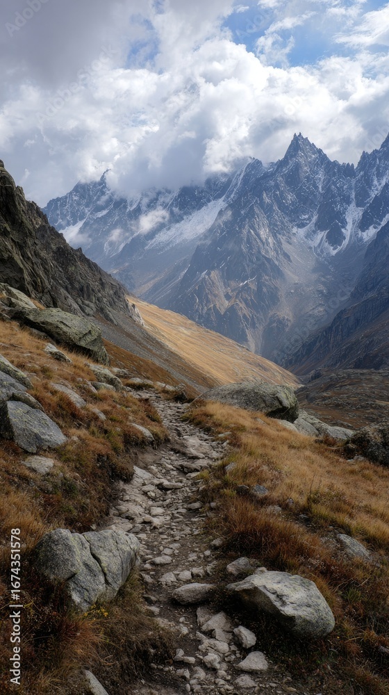 Fototapeta premium Mountain trail winds through autumnal landscape