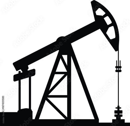 Oil pump jack silhouette, crude oil extraction equipment, petroleum industry machinery, energy production rig, black vector illustration, industrial oilfield pump, oil drilling apparatus