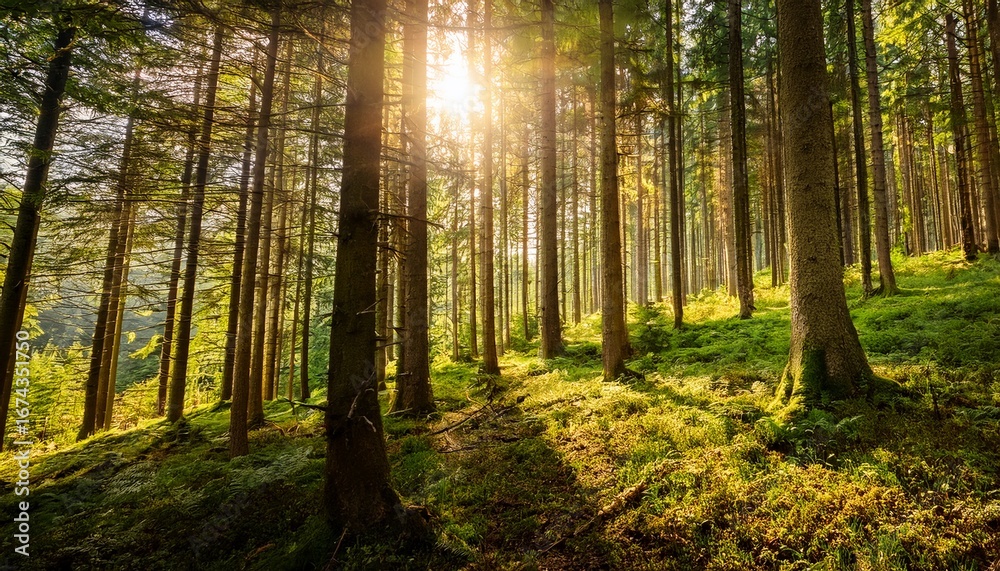 Obraz premium sunlight shining through tall green trees in forest with bright and peaceful atmosphere