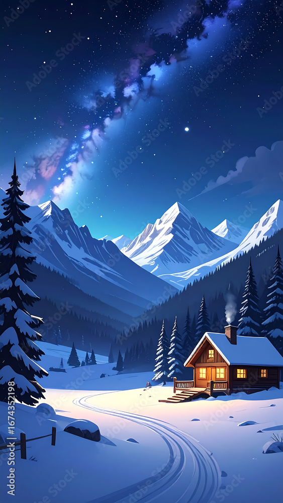 Fototapeta premium Winter night mountain cabin landscape