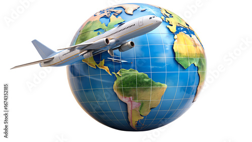 An airplane soaring around the globe, isolated on transparent background, symbolizing international travel, global connectivity, and the spirit of adventure
