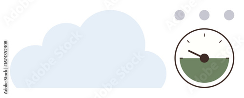 Cloud shape paired with a speedometer gauge. Ideal for cloud computing, technology, performance measurement, time management, efficiency, data storage, progress tracking. Simple flat metaphor