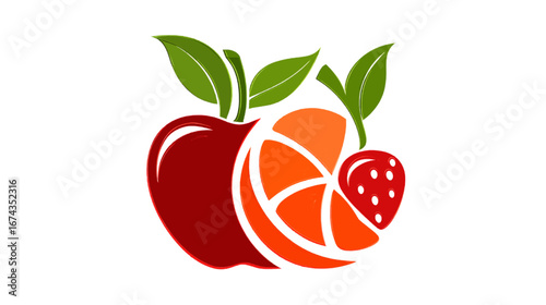 Creative Combined Fruit Logo. A Modern 3D Vector Illustration of Apple, Orange, and Strawberry in a Single Symbol, transparent background