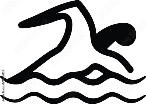 Black Icon of a Swimmer with Wavy Water Lines on White swimming sport