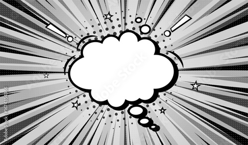 A retro comic book-style speech bubble on a black and white background. Speech bubbles with semitones and radial rays, or elements of cartoon design, comics. Vector EPS 10.