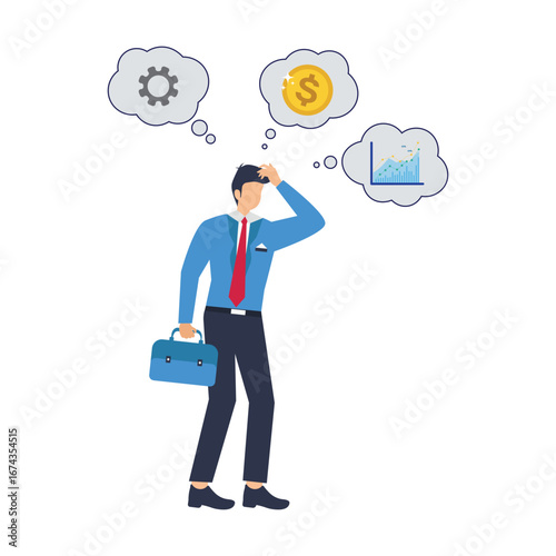 Flat illustration of businessman contemplates with multiple thinking bubbles feeling overwhelmed by various ideas and issues stock illustration