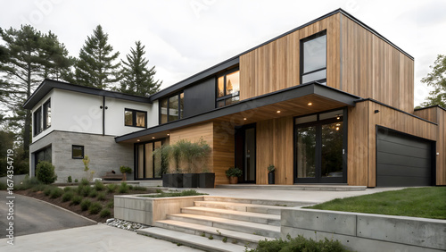 Modern contemporary home with wood siding and large windows.