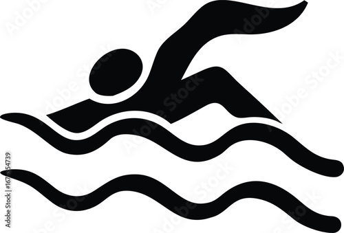Black Silhouette Icon of a Swimmer with Flowing Hair in Wavy Water on a White Background swimming