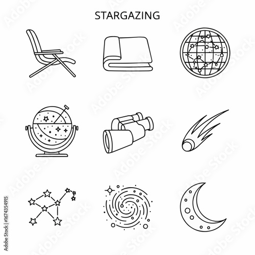 Set of icons including a telescope, constellations, and celestial bodies, representing stargazing tools and astronomical phenomena