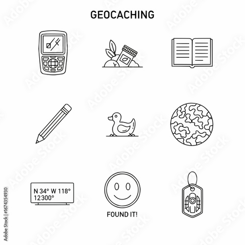 Geocaching-Themed Linear Icons Depicting Tools, GPS, Nature, and Geocoins