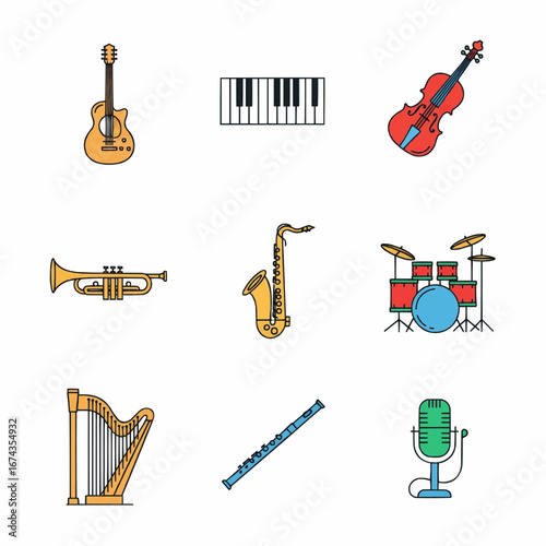 Musical Instrument Icons Featuring Guitar, Piano, Drums, and Microphone