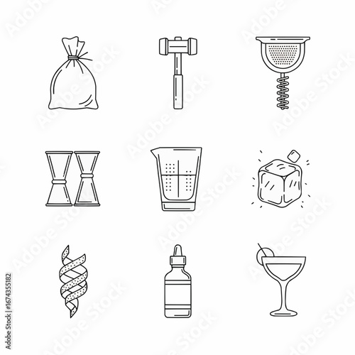 collection of bartending equipment icons, including a jigger, ice cube, and strainer. Perfect for mixology, bar themes, and alcohol-focused designs.