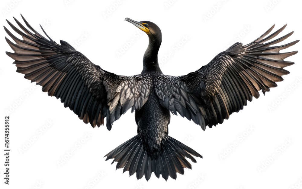 Fototapeta premium Cormorant spreading its wings on transparent background, png