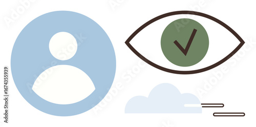 Circular user profile, green checkmark inside eye icon, and cloud with motion lines. Ideal for identity verification, account security, online visibility, trust, authentication, transparency