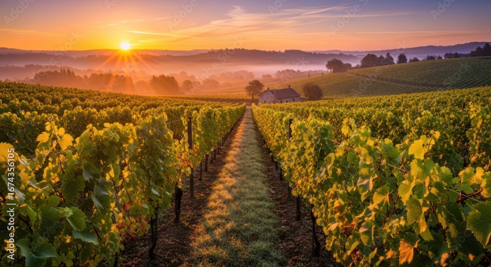 Fototapeta premium Serene Sunrise over Vineyard Rows: Golden Hour Light Illuminates Rustic Farmhouse