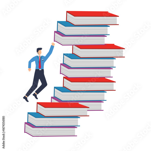 Flat illustration of businessman jumping over tall stack of books to represent knowledge challenge educational growth and learning journey stock illustration