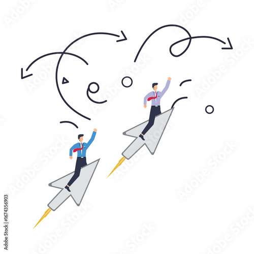 Flat illustration of business people flying on paper planes leadership direction career growth ambition achieve goal motivation and innovative success stock illustration