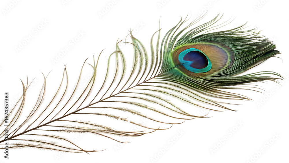 Obraz premium Majestic peacock feather cut out isolated on white background PNG. AI GENERATED. 