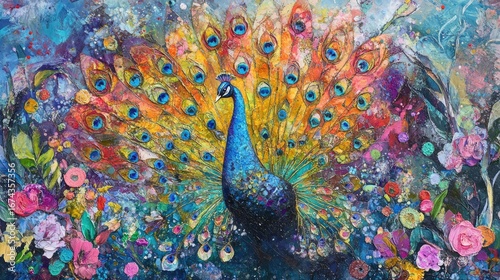 A brightly colored peacock in full display