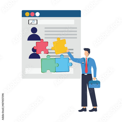 Flat illustration of remote worker assembling checklist puzzle pieces on digital screen to complete online task management process stock illustration