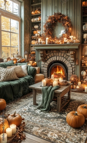 Cozy Autumn Living Room Decorated With Pumpkins and Candles During Sunset.