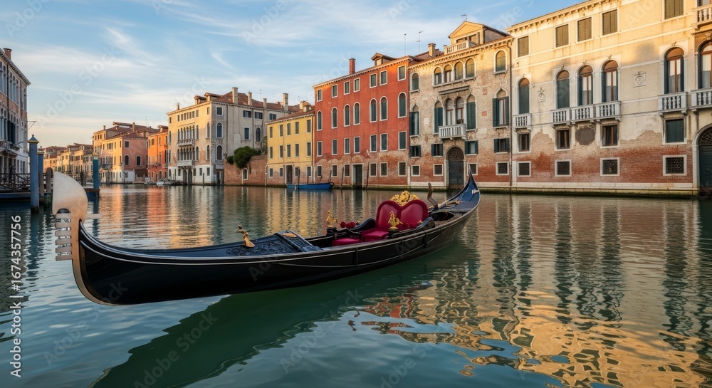Fototapeta premium Gondola on a canal in front of classic European buildings.