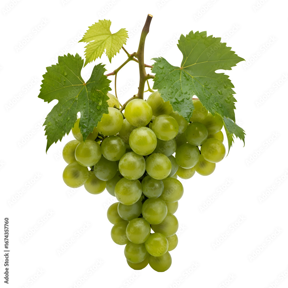 Obraz premium Green Grapes on Vine with Transparent Background: A Detailed Look at Fresh Fruit with Dew Drops, Perfect for Digital Design Projects.