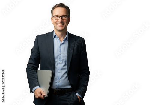 Smiling businessman in suit holding a laptop isolated on transparent background