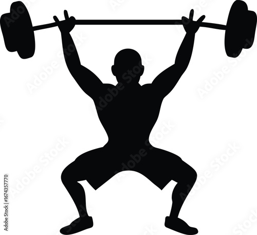 Silhouette of a weightlifter performing a squat with a barbell overhead on a white background weightlifting