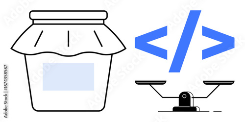 Jar with lid alongside code brackets on balanced scales, representing simplicity, balance, coding, decision-making, minimalism, and justice. Ideal for coding, equality weighing ideas fairness