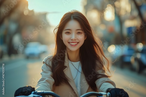 Young Woman With Long Hair Enjoys Biking in a Sunny Street During Afternoon H...