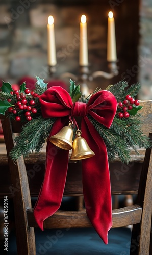Elegant Holiday Decoration With Golden Bells and Festive Greenery at a Warm D...