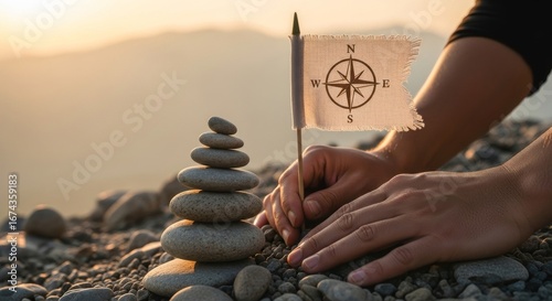 Rock Balancing Art with Compass Flag at Sunrise