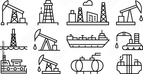 Set of oil industry icons, oil rigs, oil pumps, offshore drilling, tanker ships, fuel storage, energy extraction, industrial vector illustration