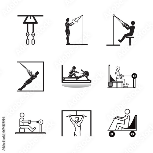 Modern Rowing machine with rowing band outline art & silhouette vector icon set for fitness gym black & white