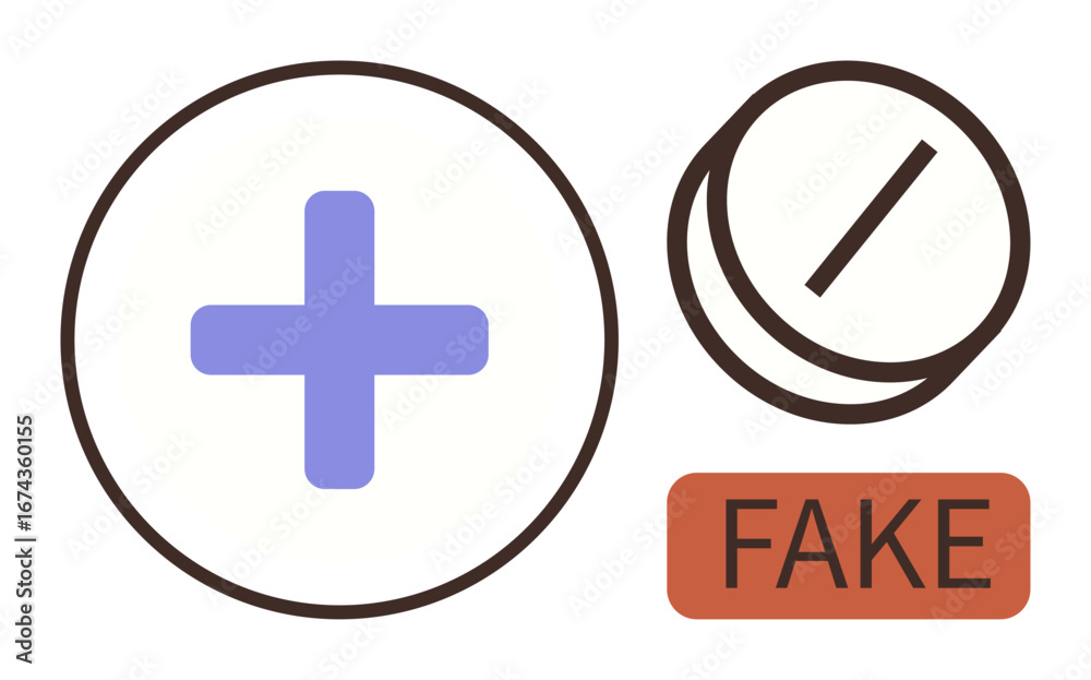 Fototapeta premium Purple cross next to a pair of pills and a FAKE label highlighting counterfeit drugs and health risks. Ideal for healthcare, pharmacy, fraud prevention, patient safety, public awareness, counterfeit