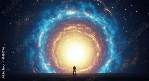 Wallpaper Mural Silhouette of person facing a glowing cosmic portal in space Torontodigital.ca