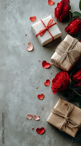 Gift Boxes and Red Roses Arranged on a Textured Surface for a Special Occasion