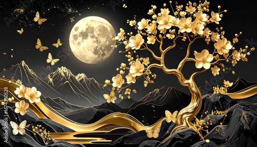 Golden floral tree, moonlit mountain landscape